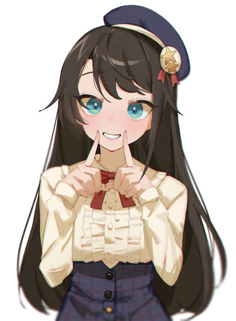 Safebooru 1girl Bangs Beret Black Hair Blue Eyes Eyebrows Visible Through Hair Frills Grin Hat