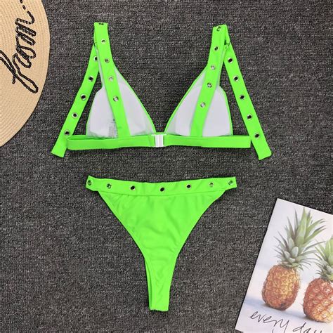 2020 Neon Bikini 2019 Green Thong Swimwear Women Adjustable High