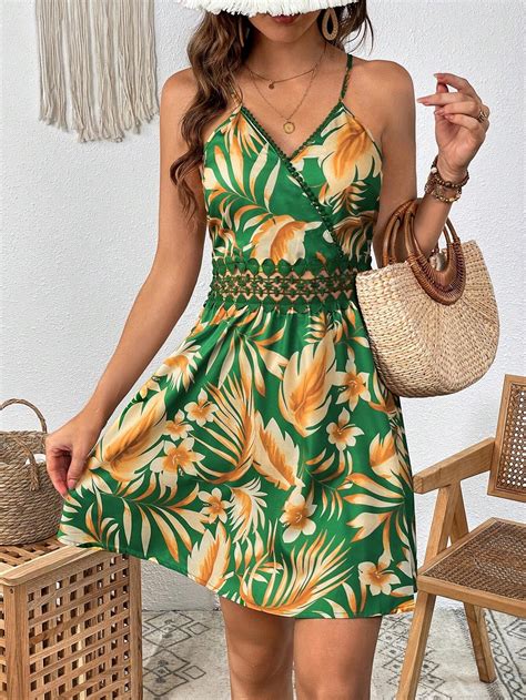 Shein Vcay Estampa Tropical Inser O De Renda De Guipura Vestido Cami