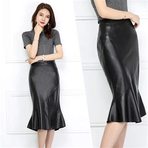 Leather Skirt Autumn And Winter New Ruffled Leather Long Skirt Black