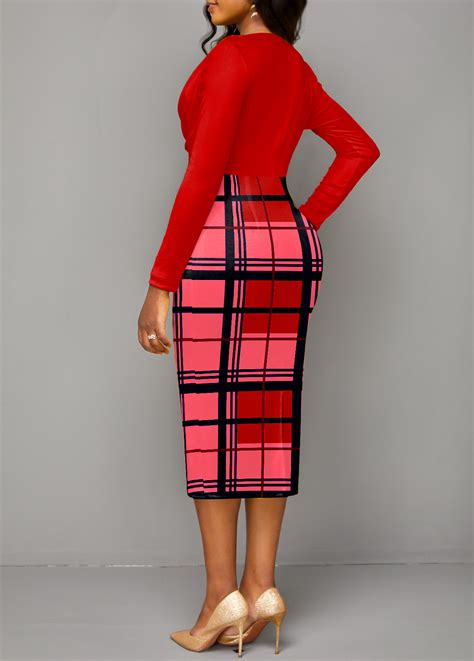 Rotita Plaid Red V Neck Long Sleeve Bodycon Dress Rotita Usd