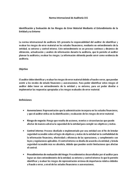 Norma Internacional De Auditoría 315 Pdf Auditoría Contralor