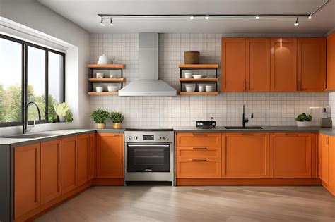 Premium AI Image A Kitchen With Orange Cabinets And A Stove And A Window