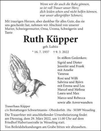 Traueranzeigen Von Ruth K Pper Wirtrauern