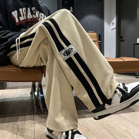 Side Striped Corduroy Baggy Pants Men Streetwear Korean Fashion Casual