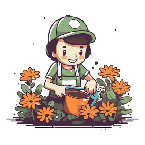 Un niño lindo regando flores con un riego Vector Premium