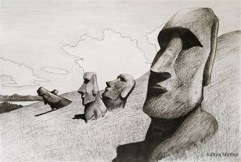 Easter Island Statues Charcoal Interesting Drawings Cartoon Painting