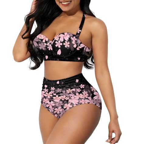 Stuoarte Pink Cherry Blossoms Bikinis For Women Size S High Neck Halter