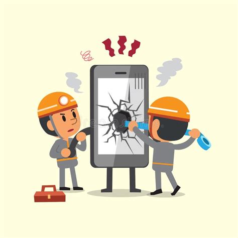 Cartoon Technicians Repairing A Broken Smartphone Stock Vector