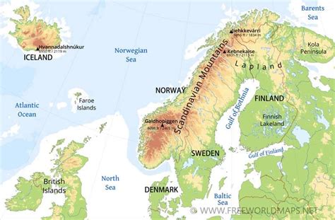 Physical Map of Scandinavia - Norway, Sweden, Finnland, Denmark, Iceland