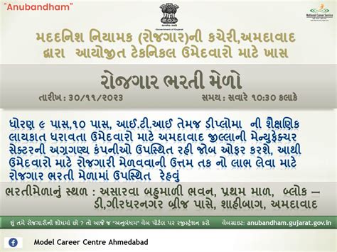 Rozgaar Bharti Melo 30 11 2023 For Technician Sabka Gujarat Maru