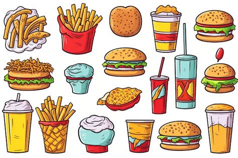 Una ilustración de dibujos animados de diferentes alimentos incluidas