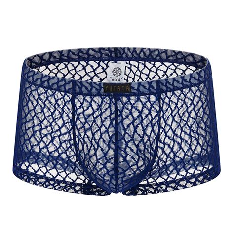 Men Trunks Lace See Through Lingerie U Convex Pouch Knickers Low Waist Ultra Thin Mesh Jpeg