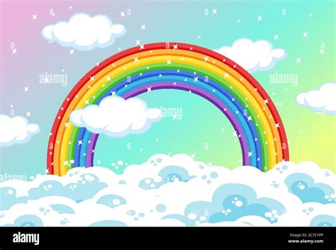 Rainbow With Clouds And Glitter On Pastel Sky Background Illustration