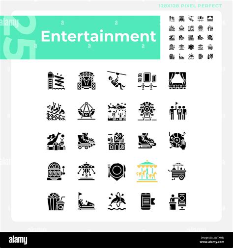 Entertainment Activities Pixel Perfect Black Glyph Icons Set On White