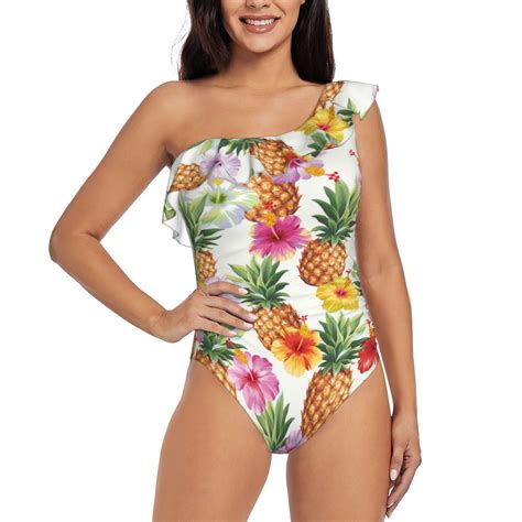 Easygdp Hawaiian Pineappl Womens One Shoulder Ruffle Monokini Bathing