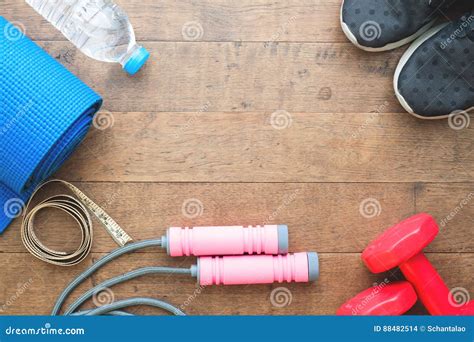 Flat Lay Of Sport Equipments On Wood Background Stock Photo Image Of