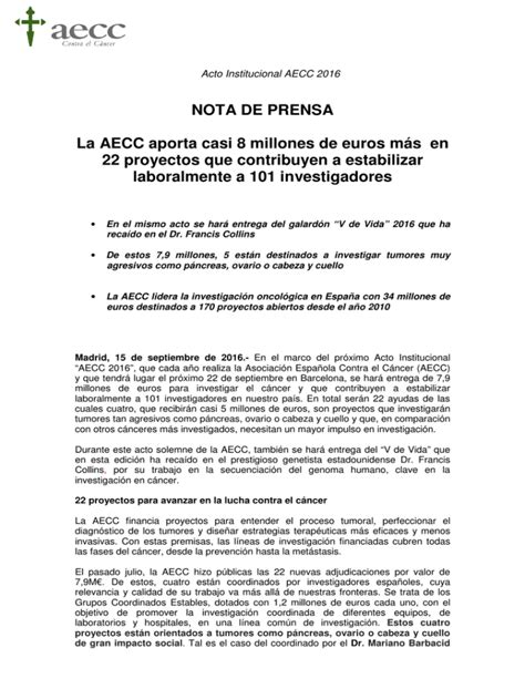 Nota De Prensa Asociaci N Espa Ola Contra El C Ncer