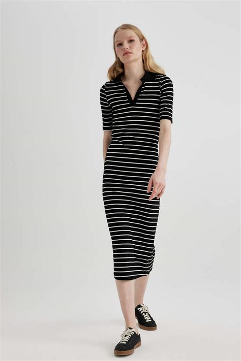 Black Woman Bodycon Polo Neck Striped Ribbed Camisole Midi Dress