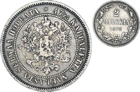 Finland 2 Markkaa 1872 Helsinki Coin Alexander II Helsinki Silver EF