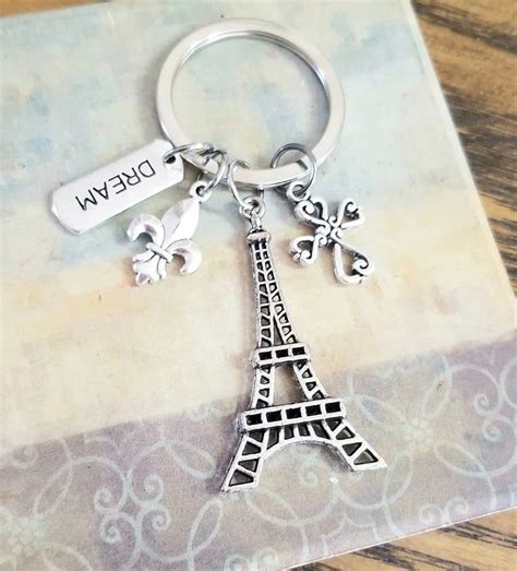 Eiffel Tower Keychain Paris Theme Key Ring Fleur De Lis Dream Cross