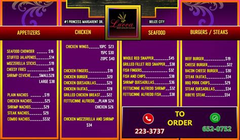 Lucca Restaurant & Bar food menu in Belize City, Belize on Menus.bz