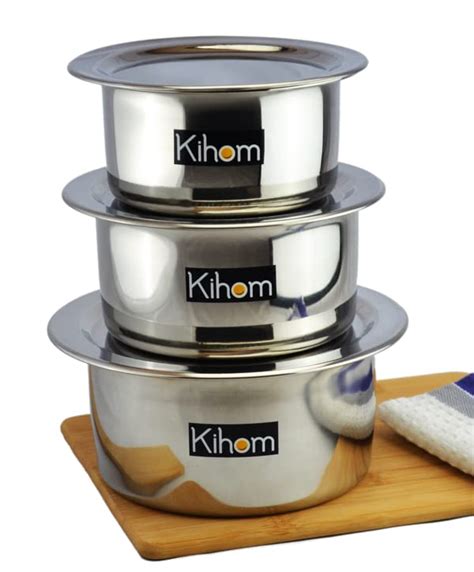 Buy Tope Set With Lid 3 Pcs Stainless Steel Patila Bhagona And 3pcs Lid