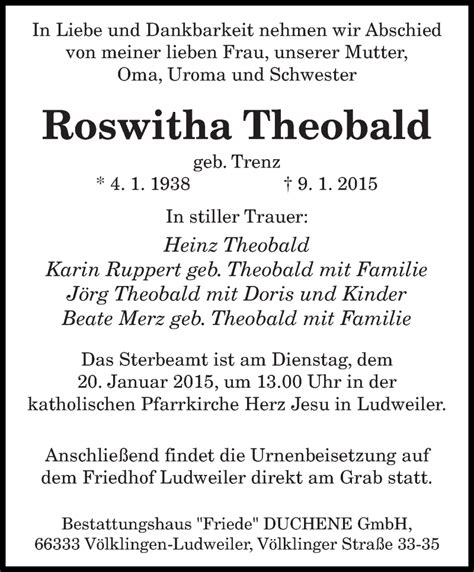 Traueranzeigen Von Roswitha Theobald Saarbruecker Zeitung Trauer De