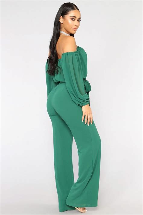 Lorena Off Shoulder Jumpsuit Hunter Green Jumpsuits Fashion Nova Sexy Jumpsuits Jumpsuits