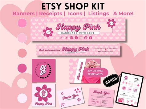 Pink Etsy Shop Kit Bright Etsy Branding Kit Editable Pink Shop Branding Template Set Up Etsy