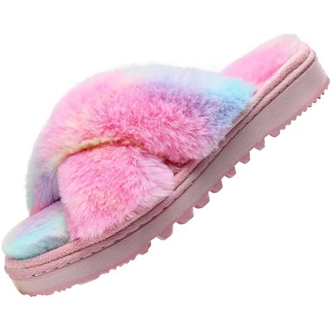 Lordfon Open Toe Cross Band Fuzzy Womens Slippers Fluffy House Slippers