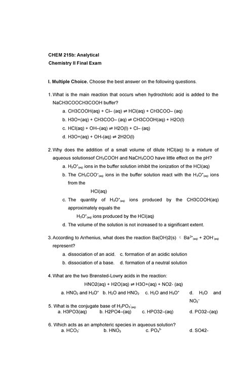 Final Exam Questions In Analytical Chemistry C Chem B