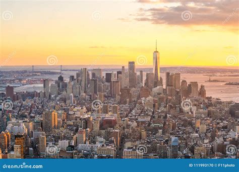 Aerial View Of Manhattan Skyline At Sunset New York City Stock Photo