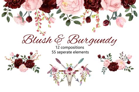 Blush Burgundy Watercolor Clip Art By Graphic Blue Bird On