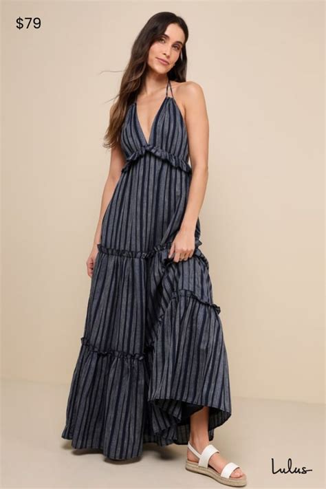 Vacay Babe Navy Blue Striped Halter Maxi Dress Nel