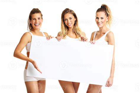 Group Of Happy Friends Posing In Underwear With Banner Stock