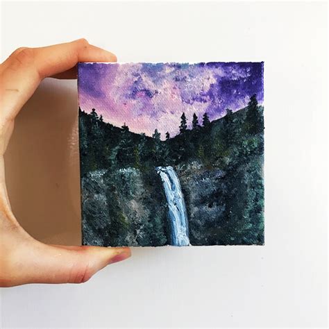 Painting of a Waterfall at Sunset Landscape Artwork Wall - Etsy