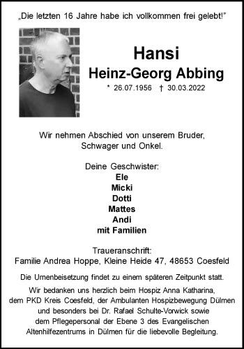 Traueranzeigen Von Heinz Georg Abbing Sich Erinnern De