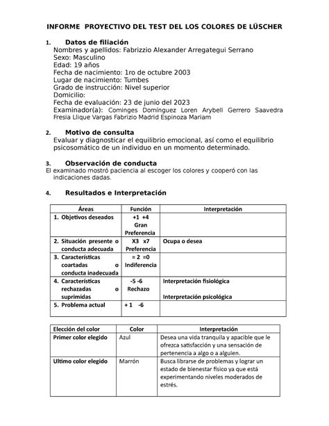 Modelo De Informe Del Test De Luscher Informe Proyectivo Del Test Del