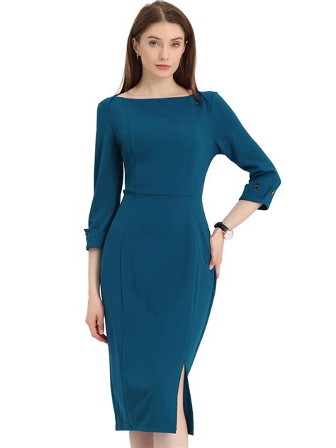 Allegra K Womens Elegant Boat Neck 34 Sleeves Wear To Work Midi Split Sheath Dress