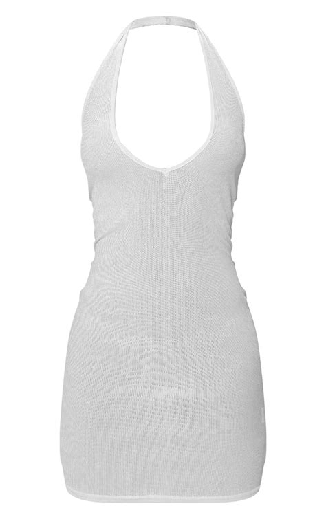 White Ribbed Halterneck Low Back Bodycon Dress Prettylittlething Usa