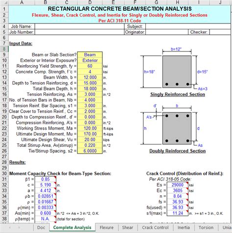 Rectangular Concrete Beam Analysis And Design Spreadsheet Engineering