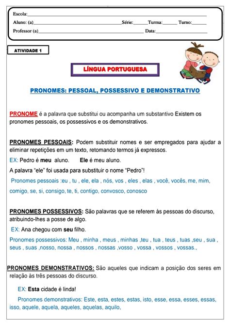 Pronome pessoal possessivo e demonstrativo Atividade de língua