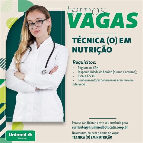 Técnica Em Nutrição E Dietética Vagas - Vaga: Técnica (o) em Nutrição - Hospital Local: Unimed Botucatu Prazo ...