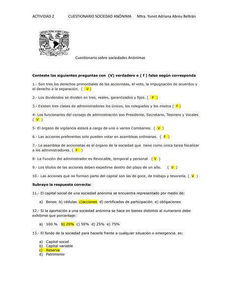 Cuestionario Corregido Cuestionario Sobre Sociedades An Nimas