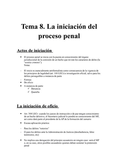 Tema 8 tema 18 Tema 8 La iniciación del proceso penal Actos de