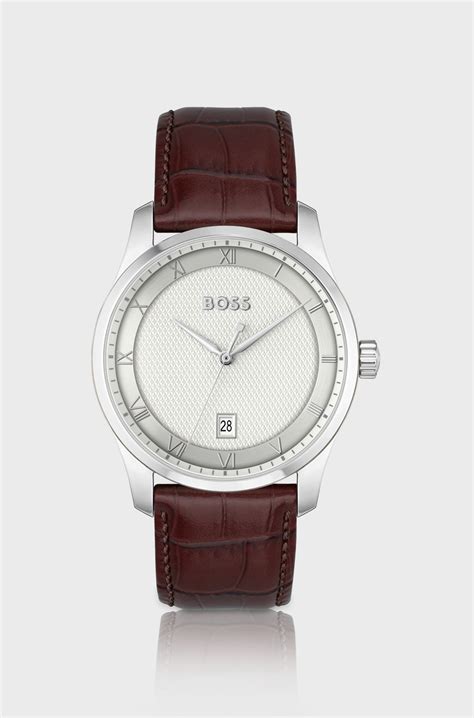 BOSS - Principle Silver-white patterned dial watch with leather strap
