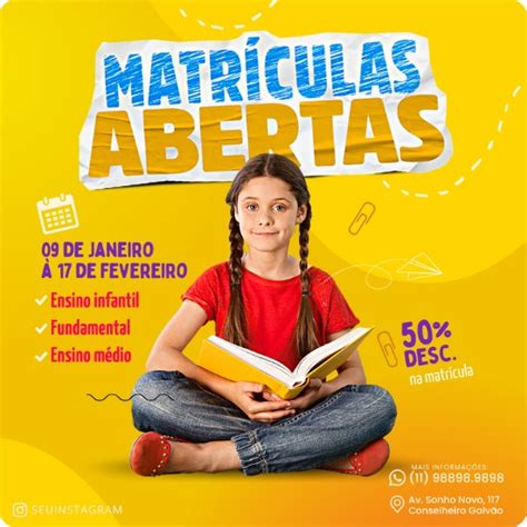 Artes Matrículas Abertas para Escolas Editáveis no Canva