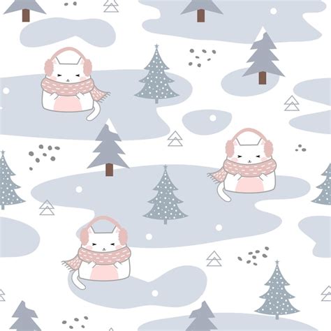 Premium Vector Winter Seamless Pattern Kawaii Cute Cats Cartoon