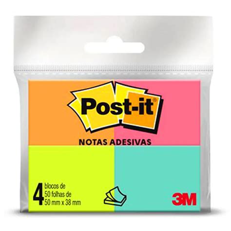 Bloco Adesivo Post It 653 Tropical 4 Cores C 200 Folhas 3m Lupel